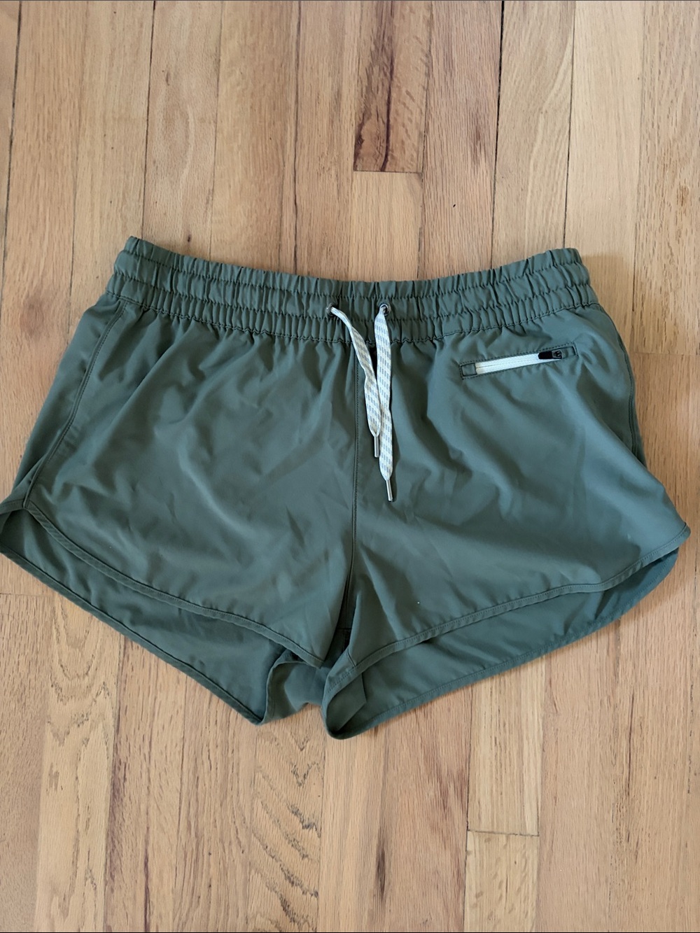 Women's Olive Drawstring Athletic Shorts with Zip Pocket